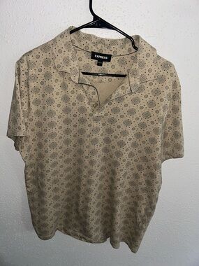 Express Men’s Large Polo Shirt - Tan Beige Greek Pattern Mandala Stretch Cotton